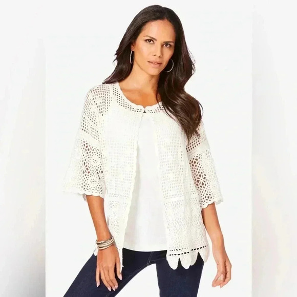 NWOT Roaman’s Scallop-Trim Crochet Cardigan, Size 1X (22/24), White - Picture 1 of 7